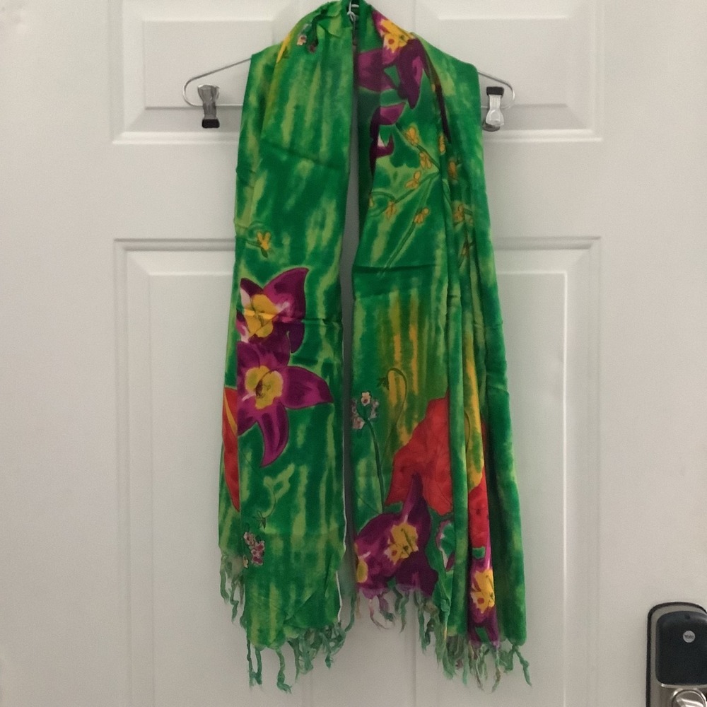 Tropical Flowers Green Tie Die Fringe Swim Sarong Scarf‎ Adult 60 x 40